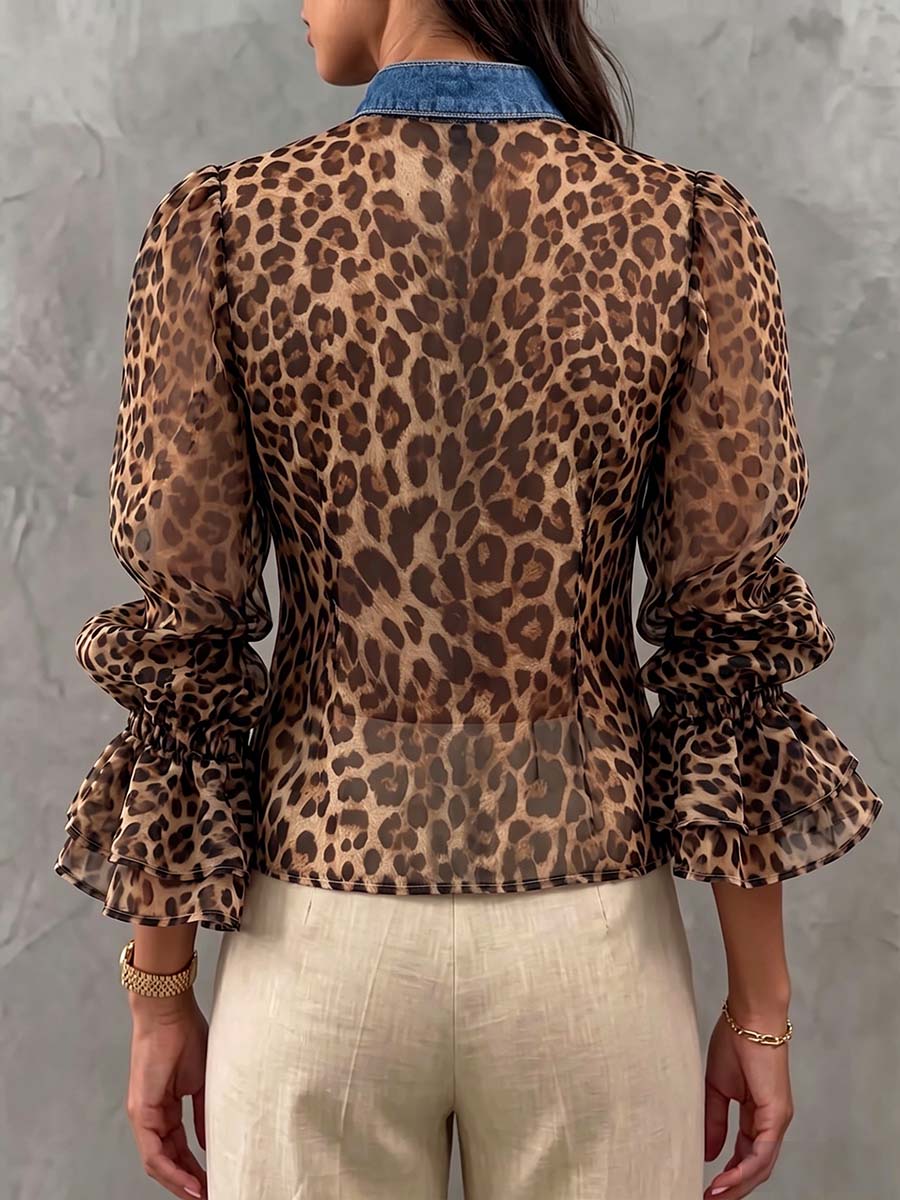 Women's Leopard Print V-neck Long-sleeve Casual Loose Denim Cardigan With Chiffon Panels