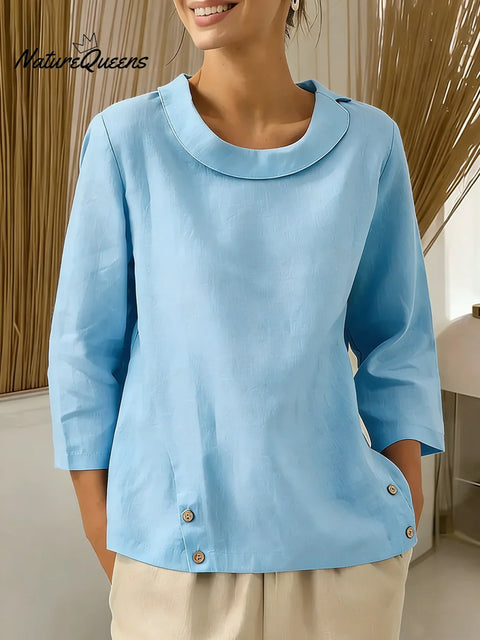Women's Solid Color Round Neck Three-quarter Sleeve Casual Loose Cotton And Linen Top