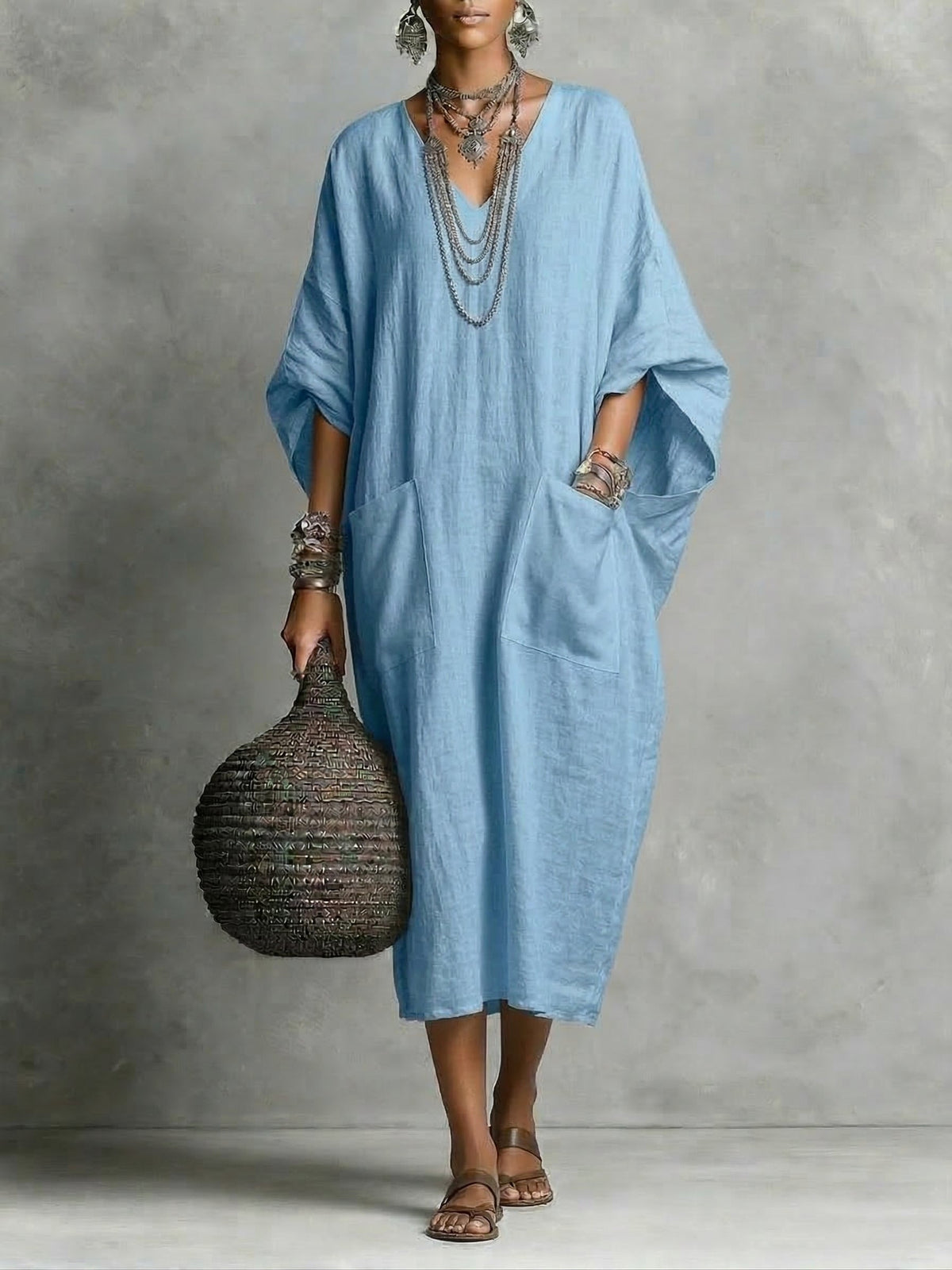 Women's Casual V-neck Cotton-linen Dress With Pockets