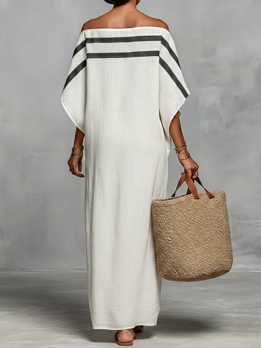 Off-the-shoulder, Straight-neck Linen And Cotton Dress
