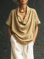 Women's Cowl Collar Art Casual Stylish Short Sleeve Cotton Linen Shirt