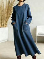 Women's New Spring Collection Round Neck Long-sleeved Casual Loose Denim Dress With Pockets.