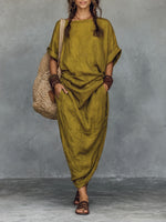 Casual Boat-neck Pleated Cotton-linen Dress