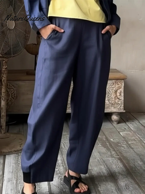 Women's 3D Cut Solid Color Linen Trousers