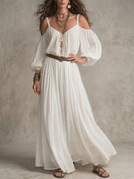 Women's Loose-fit Casual V-neck Off-shoulder Long-sleeve Dress