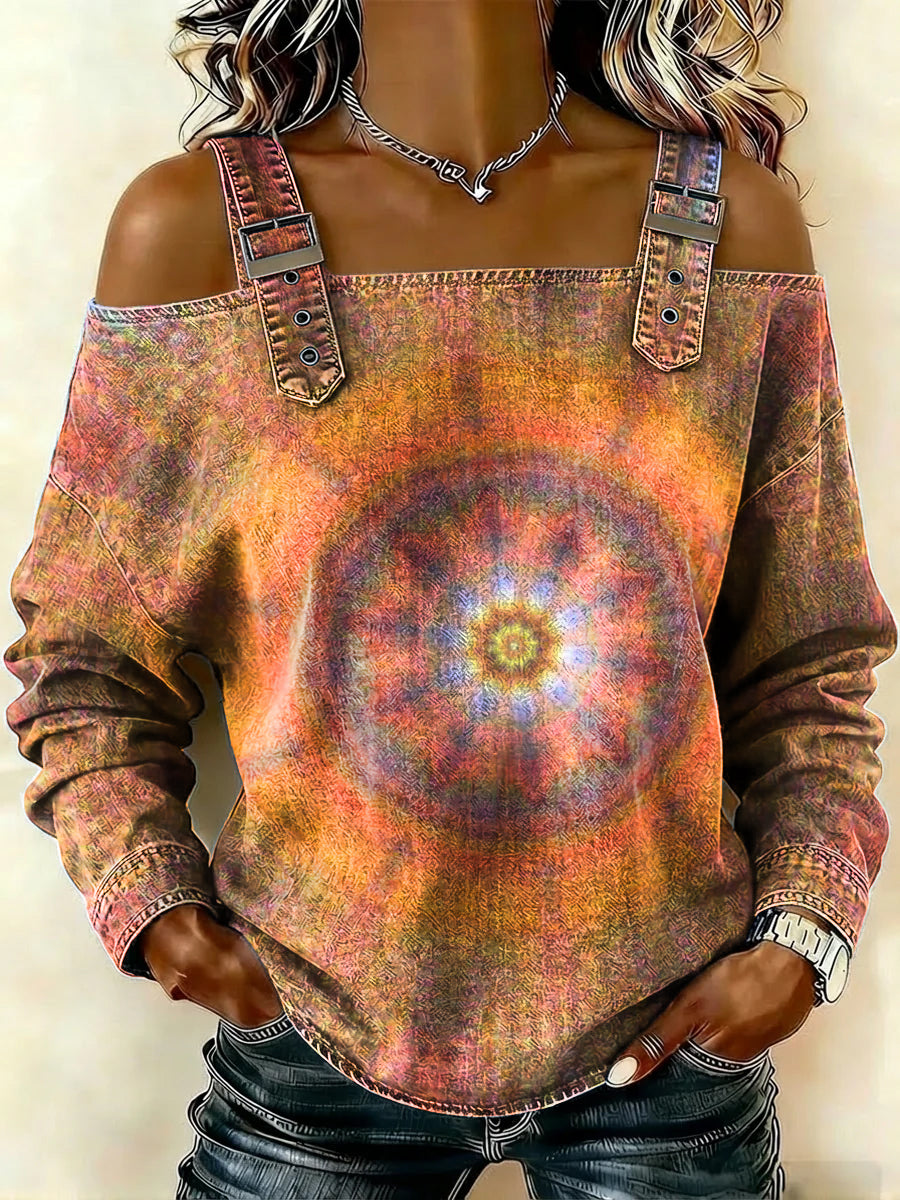 Women‘s Gradient Print Casual Cotton Denim Shirt