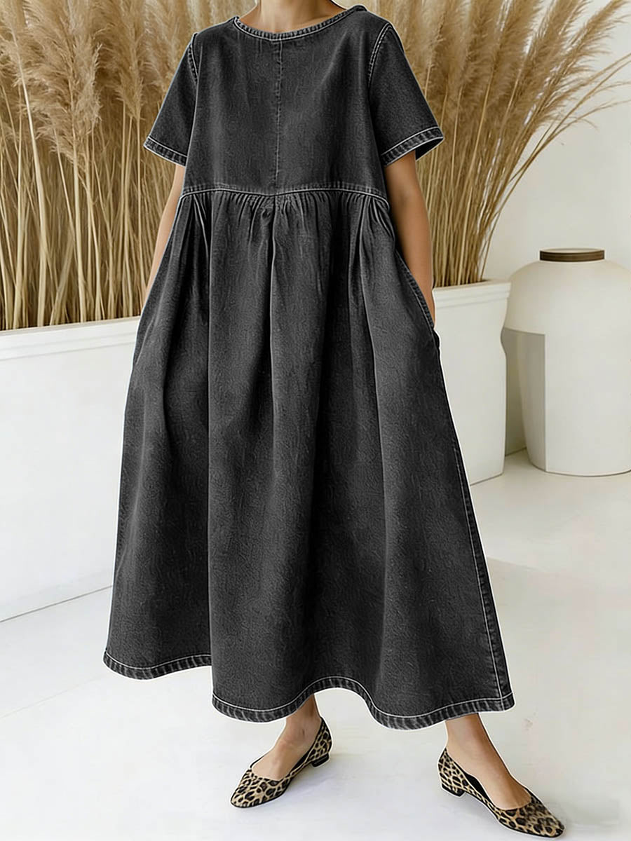 Women's Round Neck Short-sleeved Casual Loose Denim Dress