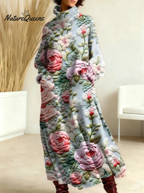 Women's Embroidered Flowers Art Print Casual Cotton Knitted Dress