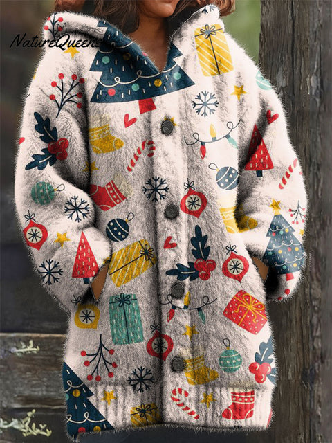 Women's Christmas Tree Gift Bell Socks Pattern Art Print Casual Plush Warm Coat