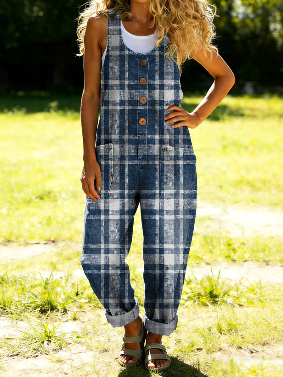 Women's Classic Plaid Pattern Casual Cotton Vest And Denim Jumpsuit