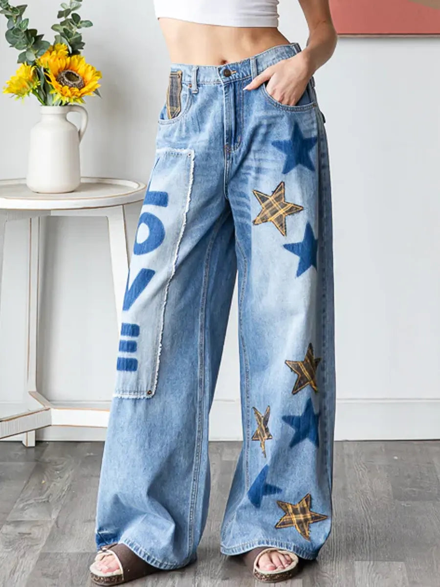 Women's Vintage Pattern Art Print Casual Cotton Denim Jeans