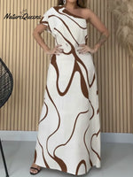 Women's Artistic Print Casual Resort Style One-shoulder Extra-long Cotton And Linen Dress