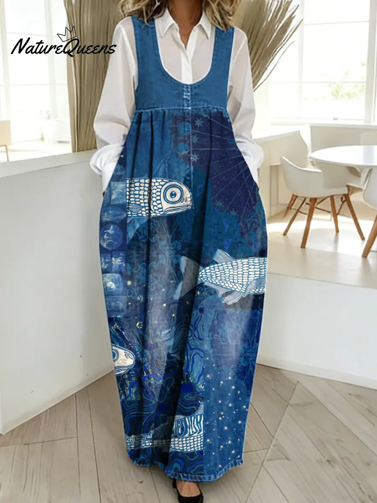 Women's Vintage Fish Pattern Art Print Casual Cotton Denim Dress