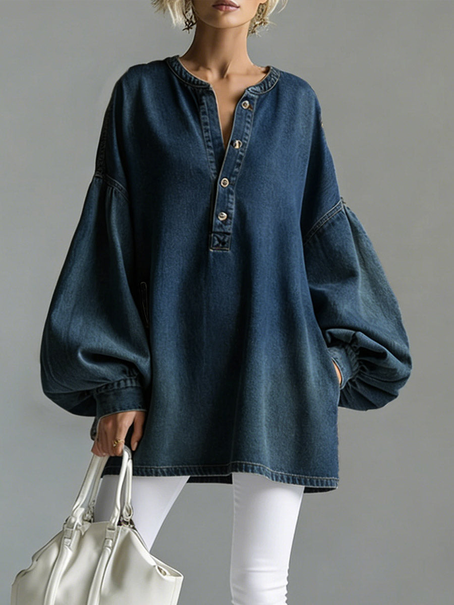 Women's V-neck Long-sleeved Casual Loose Denim Top