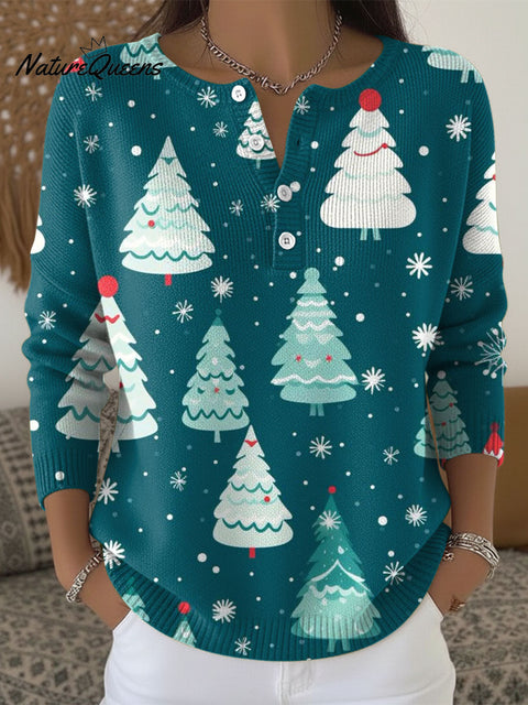 Women's Retro Christmas Trees Snowflake Pattern Art Print Buttoned Cardigan Sweater