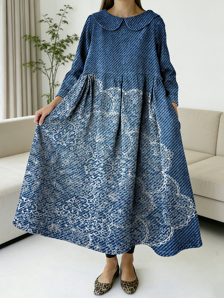 Denim-style Floral Decorative Pattern Women's Casual Peter Pan Collar Long Sleeve Dress