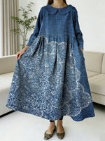 Denim-style Floral Decorative Pattern Women's Casual Peter Pan Collar Long Sleeve Dress