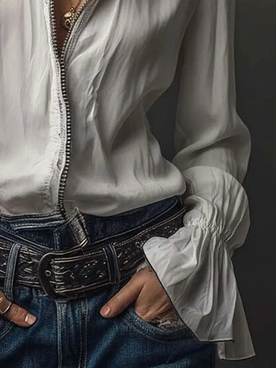 Women's Solid Color Ruffled Art Casual Long Sleeve Cotton Shirt