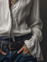 Women's Solid Color Ruffled Art Casual Long Sleeve Cotton Shirt