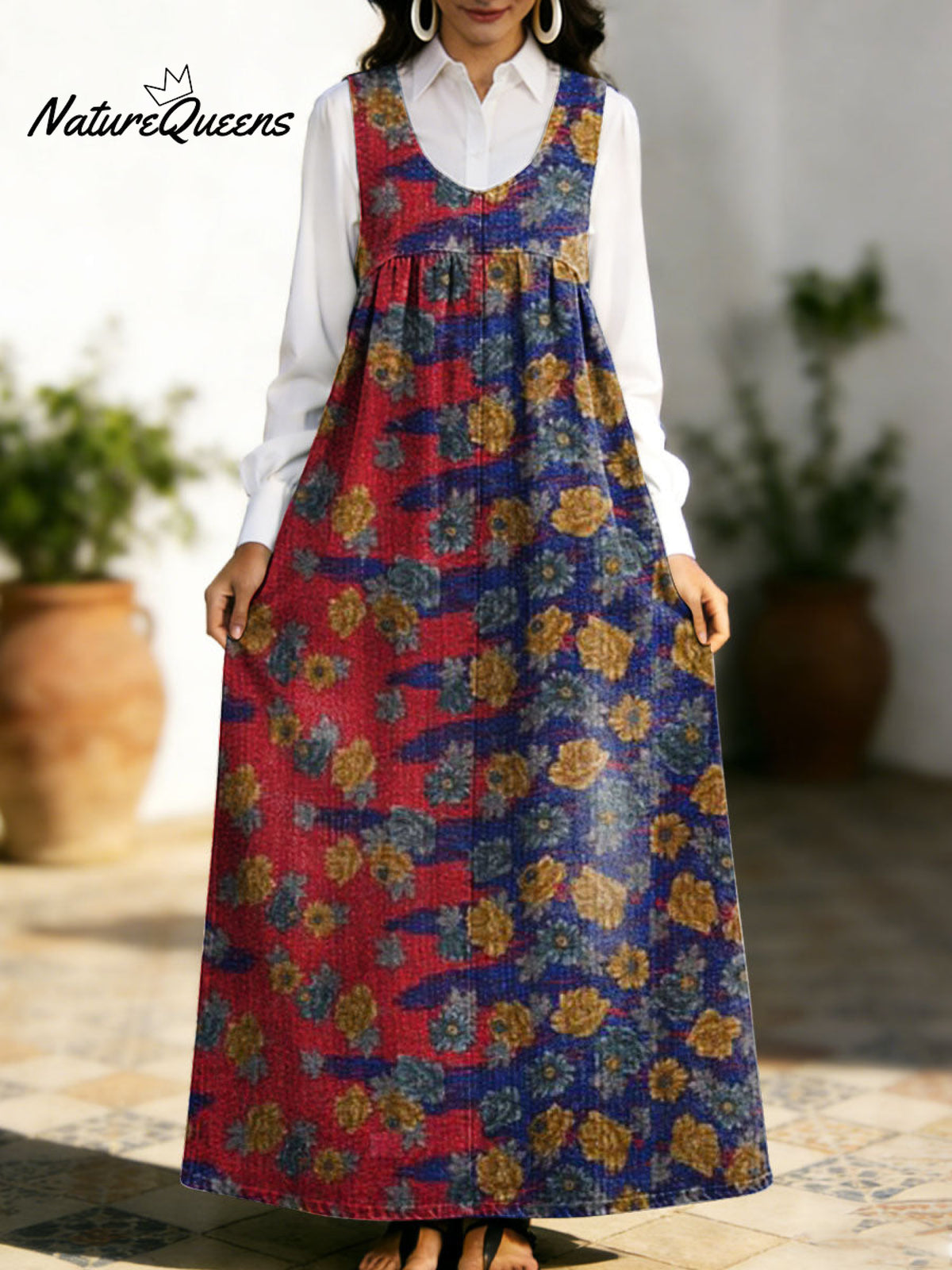 Women's Retro Splicing Colorful Flowers Pattern Art Print Casual Cotton Denim Dress