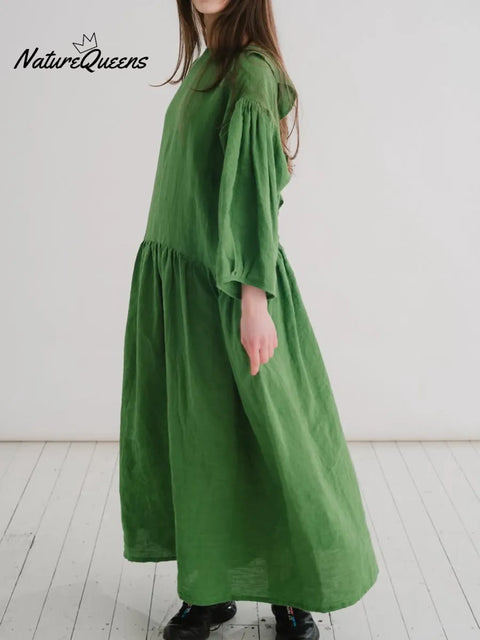 Flowy V-neck Ruffled Loose Linen Dress