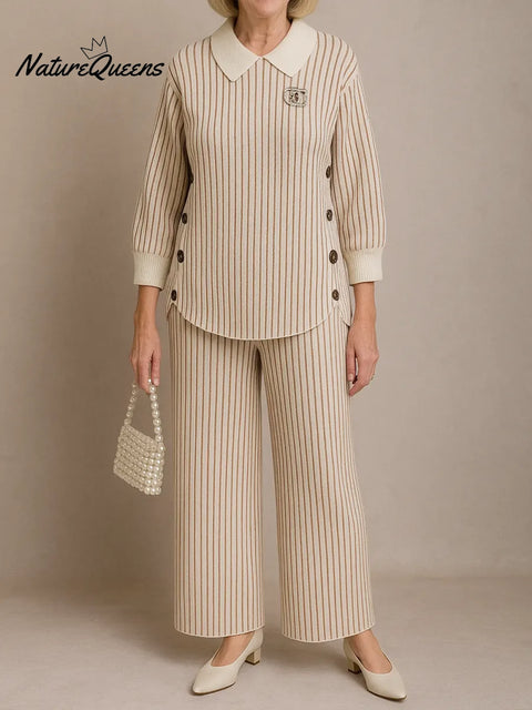 Women's Striped Print Peter Pan Collar Long-sleeved Casual Loose Top And High-waisted Striped Print Wide-leg Pants Suit