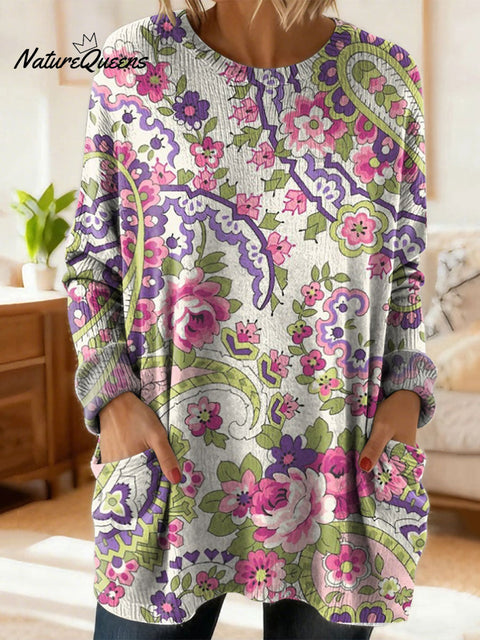 Women's Retro Floral Flower Ethnic Art Print Casual Cotton Knitted Sweater