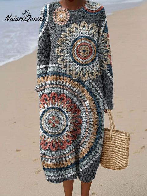 Women's Abstract Pattern Casual Round Collar Long Sleeve Dress