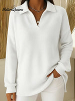 Casual Solid Color Waffle Knit Polo Collar Sweatshirt