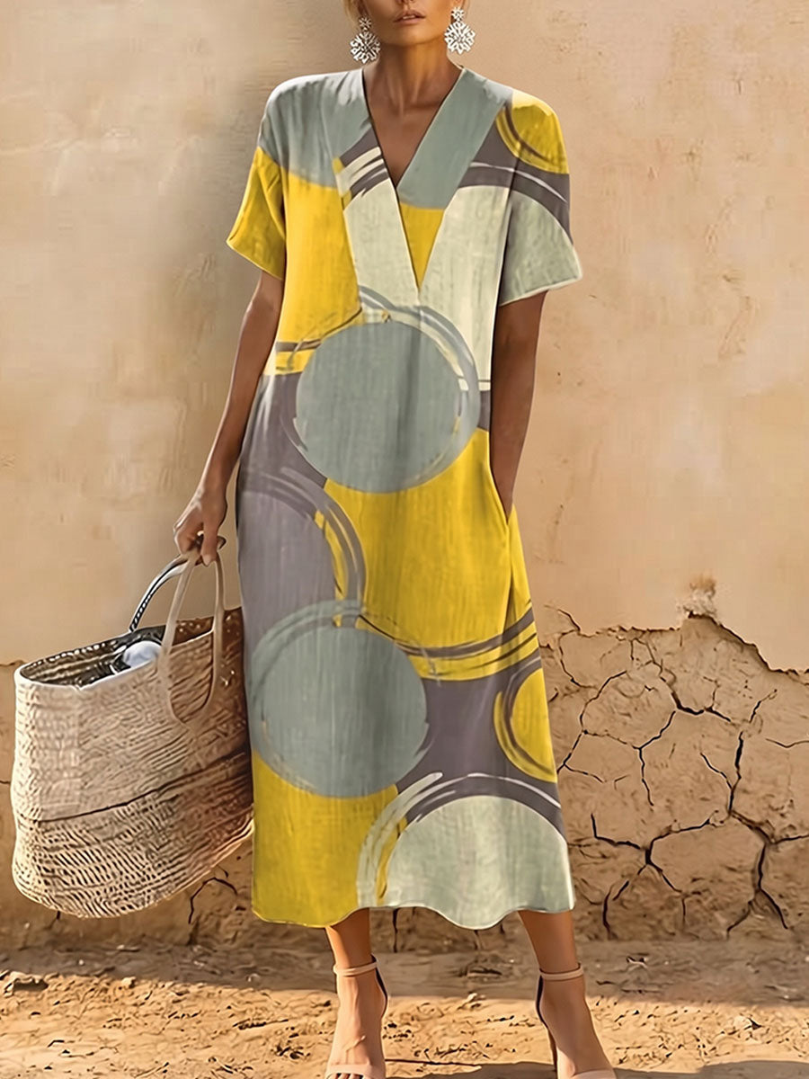 Women's Geometric Pattern Print Casual Cotton-linen Dress