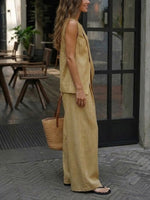 Women's Simple High-end Irregular Cut Sleeveless Top Cotton And Linen Set