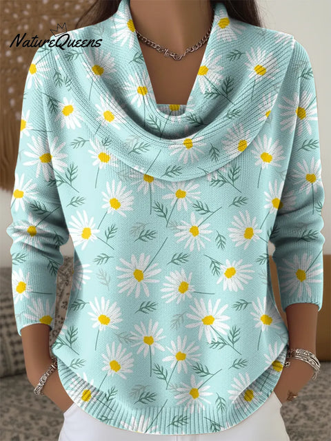 Women's Retro Small Blue Flowers Print Cowl Neck Sweater