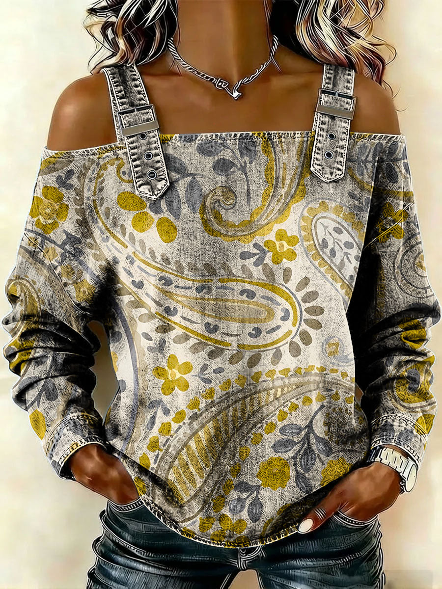 Women‘s Vintage Pattern Art Print Casual Cotton Denim Shirt