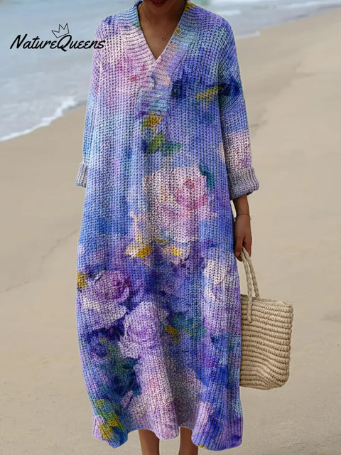 Women's Floral Art Print Casual Cotton Knitted Dress