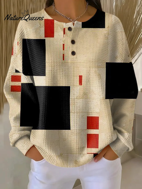 Women's Geometric Pattern Art Print Casual Waffle Sweatshirt