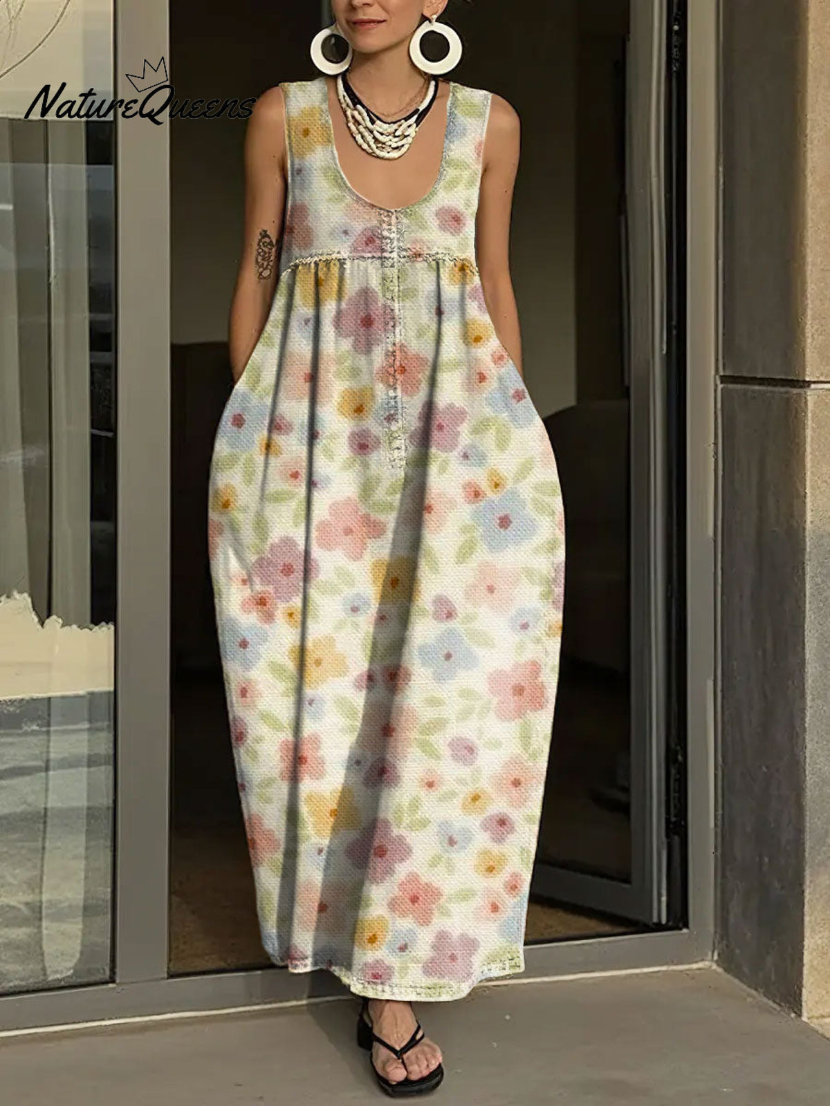 Women's Simple Flowers Pattern Art Print Casual Cotton Denim Dress