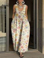 Women's Simple Flowers Pattern Art Print Casual Cotton Denim Dress