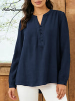 Women's Solid Color V-neck Long-sleeved Casual Loose Cotton And Linen Top