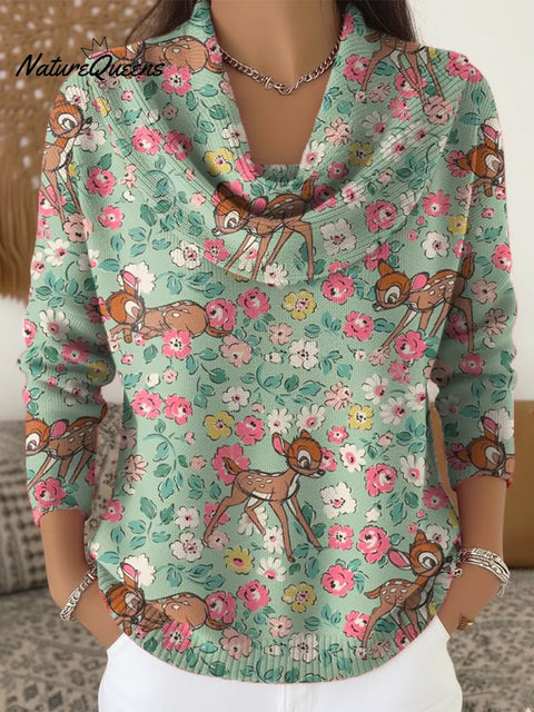 Women's Floral Deer Pattern Art Print Casual Cowl Neck Sweater
