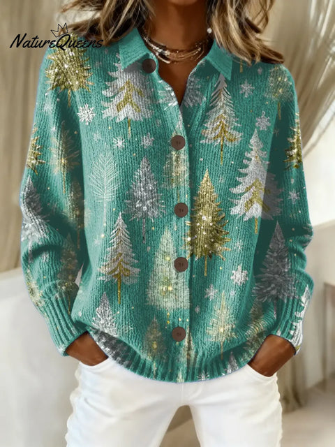 Women's Christmas Tree Pattern Art Print Casual Cotton Knitted Sweater