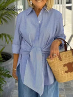 Women's Striped Print Tie-front Lapel Long-sleeved Loose Casual Shirt