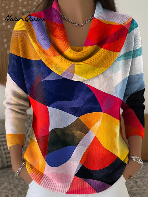 Women's Colorful Art Print Cowl Neck Sweater