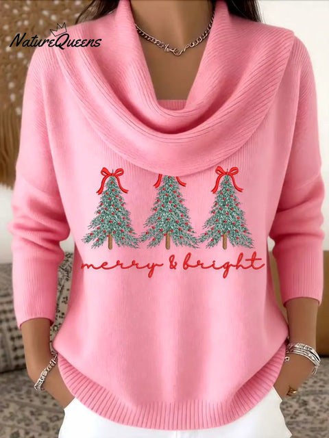 Women's Christmas Tree Art Print Cowl Neck Sweater