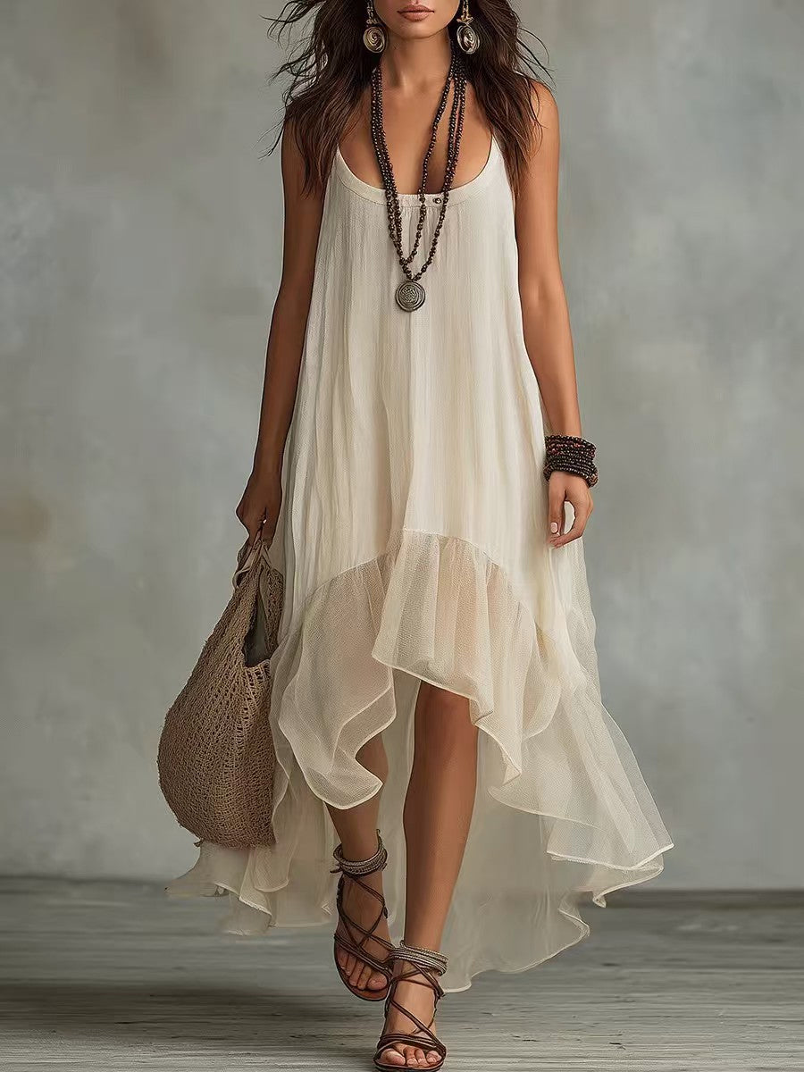 Women's U-neck Sleeveless Spaghetti-strap Asymmetrical Dress