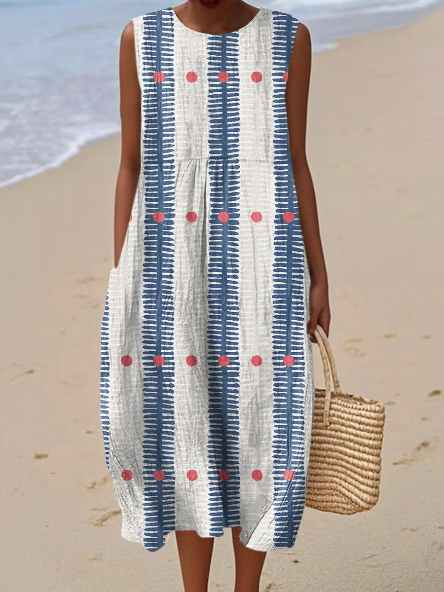 Women's Vintage Geometry Art Print Sleeveless Cotton Pocket Wrap Dress