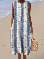 Women's Vintage Geometry Art Print Sleeveless Cotton Pocket Wrap Dress