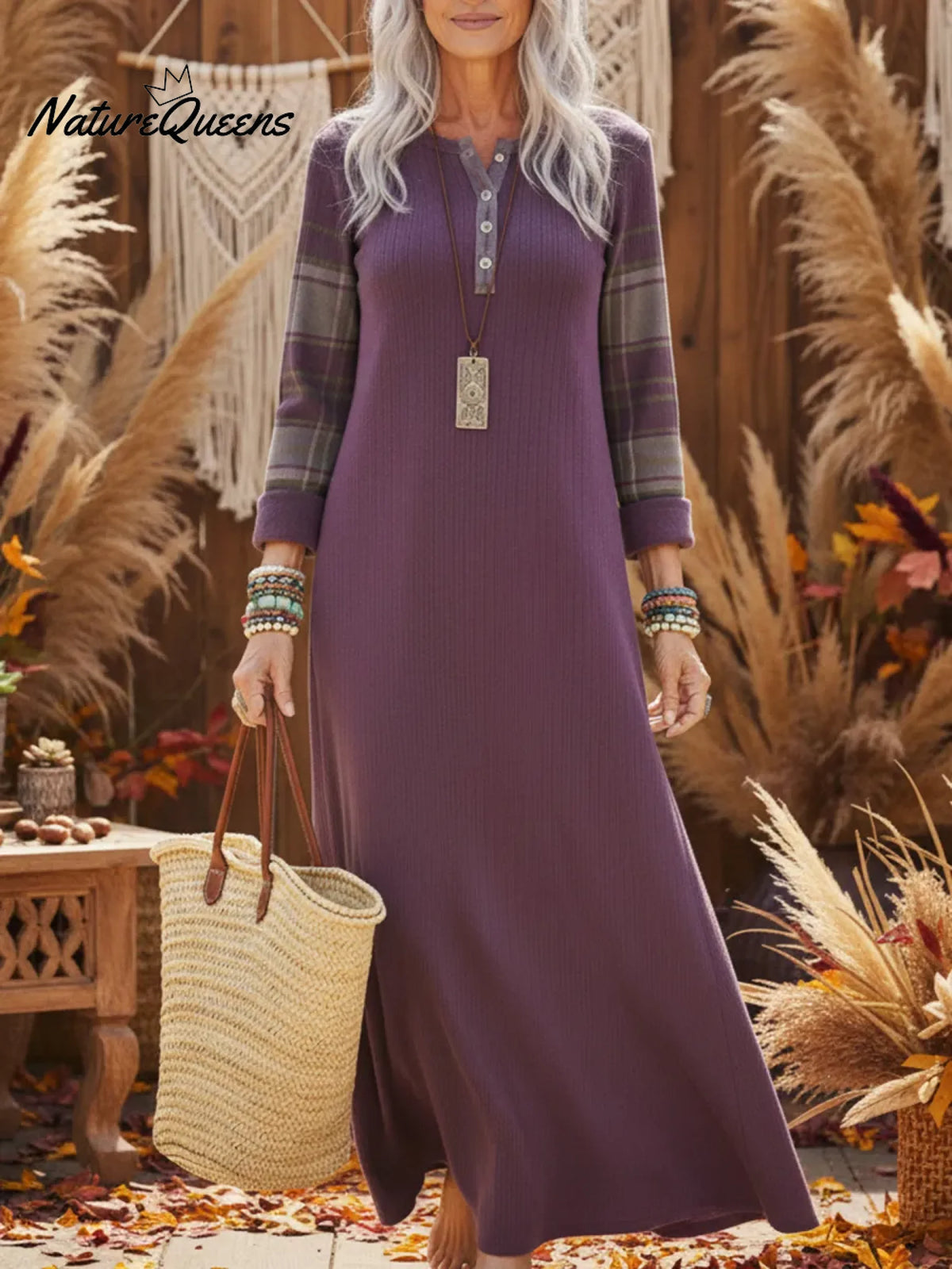 Cozy Henley Collar Sleeves Patchwork Plaid Knit Dress