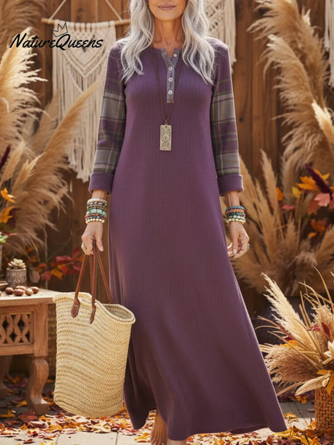 Cozy Henley Collar Sleeves Patchwork Plaid Knit Dress