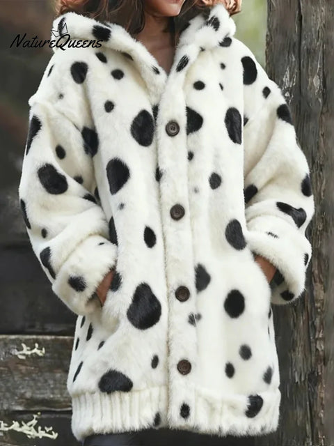 Women's Dot Pattern Art Print Casual Fleece Coat