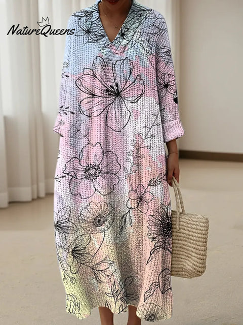 Gradient Line Pattern Print Knitted V-neck Dress